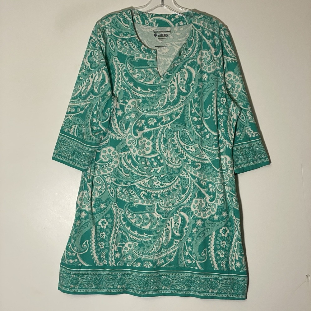 Coolibar Oceanside Tunic Dress Womens XL Green Floral UPF 50+ Resortwear Cruise